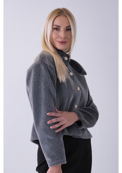 Gri Omuz Fiyonk Detaylı Düğme Kapamalı Kaşe Ceket 41630060.06