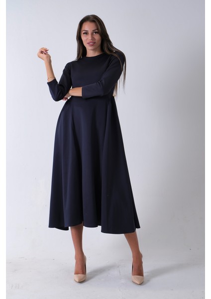 Lacivert Bisiklet Yaka Scuba Tesettür Elbise 4593445.02