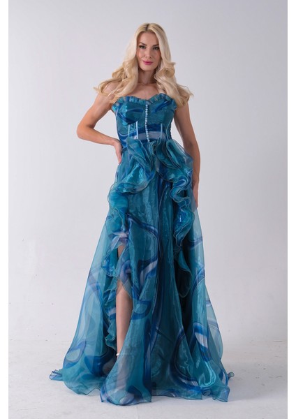 Mavi Straplez Yaka Önü Düğme Detaylı Desenli Fırfırlı Abiye 9705680.16