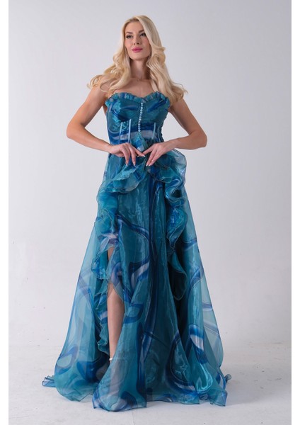 Mavi Straplez Yaka Önü Düğme Detaylı Desenli Fırfırlı Abiye 9705680.16 fiyatları