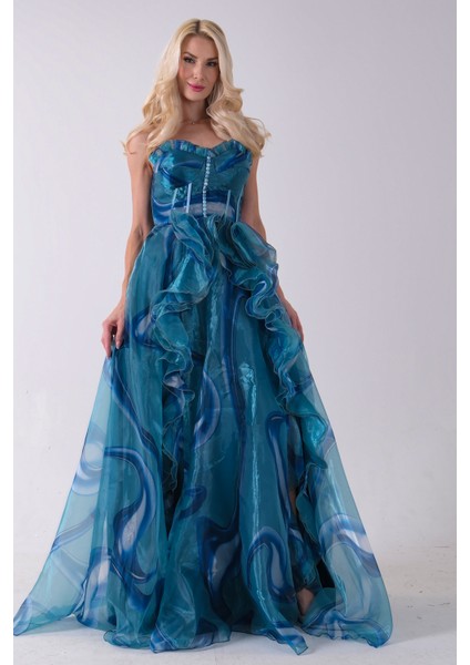 Mavi Straplez Yaka Önü Düğme Detaylı Desenli Fırfırlı Abiye 9705680.16 modelleri