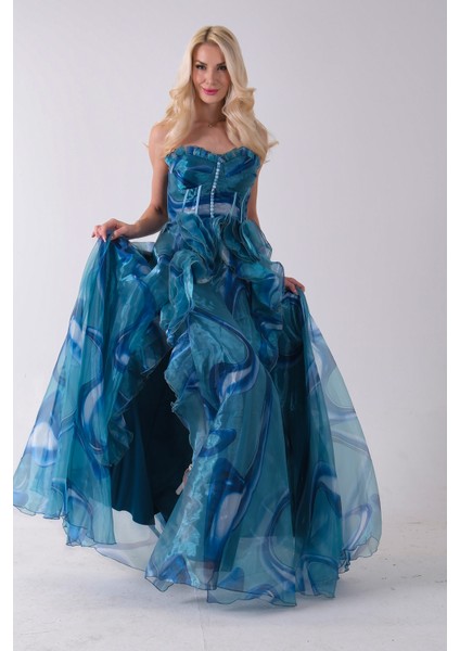 Mavi Straplez Yaka Önü Düğme Detaylı Desenli Fırfırlı Abiye 9705680.16 fırsatları