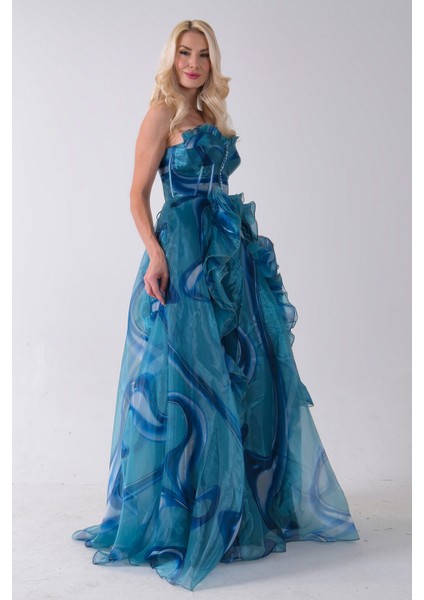 Mavi Straplez Yaka Önü Düğme Detaylı Desenli Fırfırlı Abiye 9705680.16 indirimleri