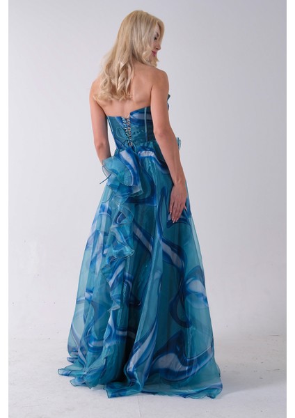 Mavi Straplez Yaka Önü Düğme Detaylı Desenli Fırfırlı Abiye 9705680.16