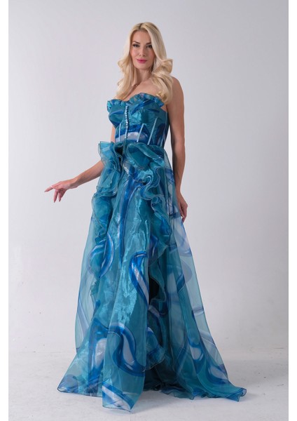 Mavi Straplez Yaka Önü Düğme Detaylı Desenli Fırfırlı Abiye 9705680.16