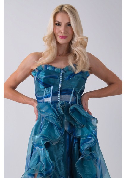 Mavi Straplez Yaka Önü Düğme Detaylı Desenli Fırfırlı Abiye 9705680.16