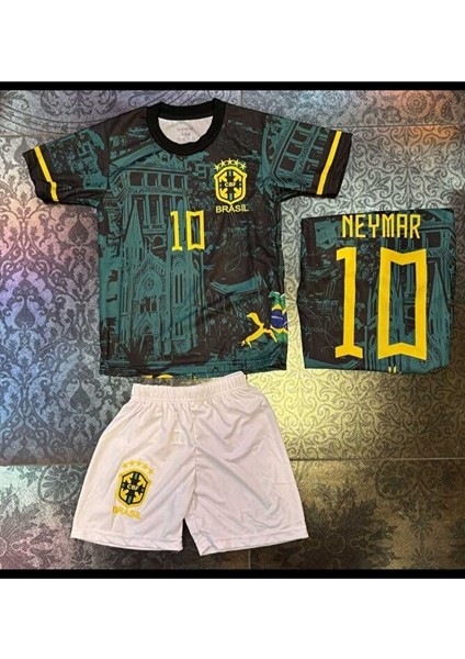 Brezilya Özel Tasarım Kısa Kollu Çocuk Forması Neymar Şort Çorap Bileklik Hediyeli