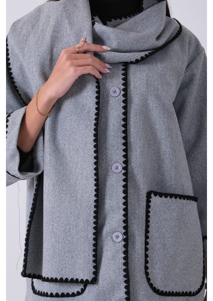 Gri Önü Düğmeli Atkılı Süs Dikiş Detaylı Cepli Kısa Kaban 31050712.06