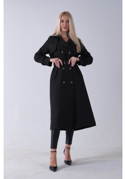 Siyah Beli Kemerli Düğme Kapamalı Kapitone Desenli Trenç 44520205.01