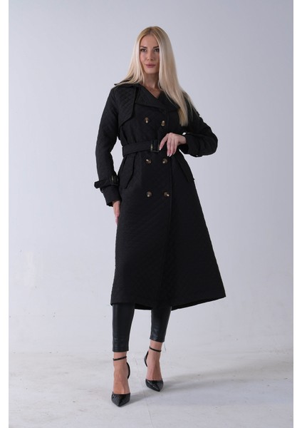Siyah Beli Kemerli Düğme Kapamalı Kapitone Desenli Trenç 44520205.01 fiyatları