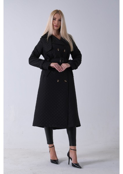 Siyah Beli Kemerli Düğme Kapamalı Kapitone Desenli Trenç 44520205.01 modelleri