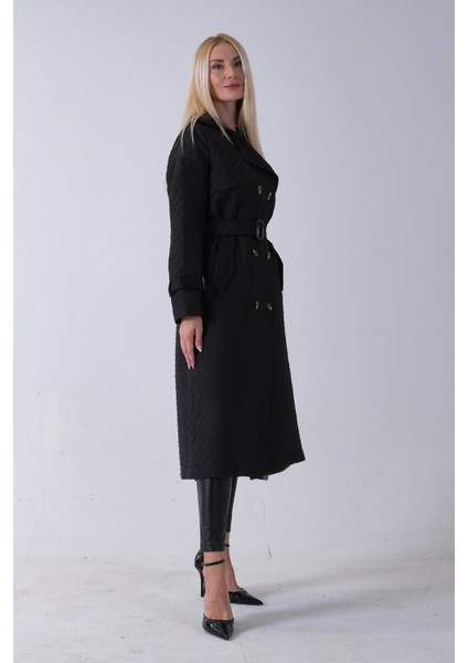 Siyah Beli Kemerli Düğme Kapamalı Kapitone Desenli Trenç 44520205.01 fırsatları