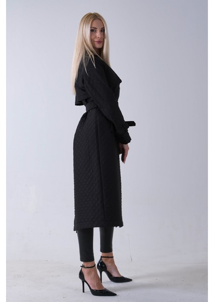 Siyah Beli Kemerli Düğme Kapamalı Kapitone Desenli Trenç 44520205.01 indirimleri