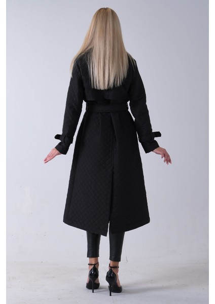 Siyah Beli Kemerli Düğme Kapamalı Kapitone Desenli Trenç 44520205.01