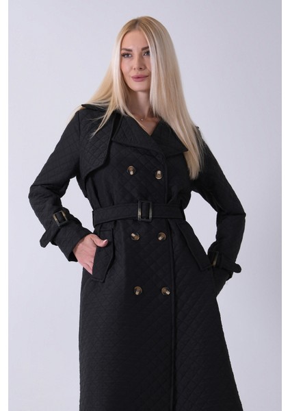 Siyah Beli Kemerli Düğme Kapamalı Kapitone Desenli Trenç 44520205.01