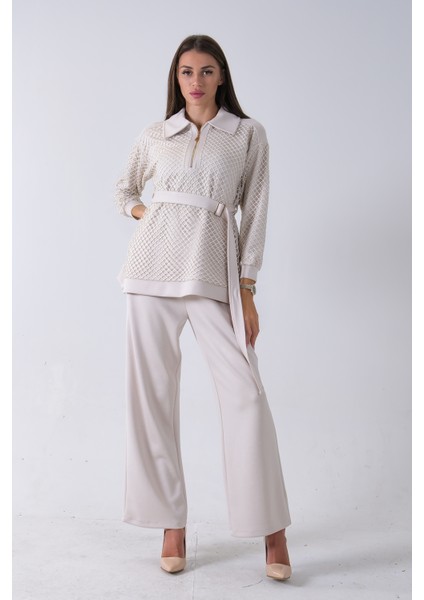 Taş Tunik Yaka Fermuar Kapamalı File Detaylı Pantolonlu Takım 4577283.50 fiyatları