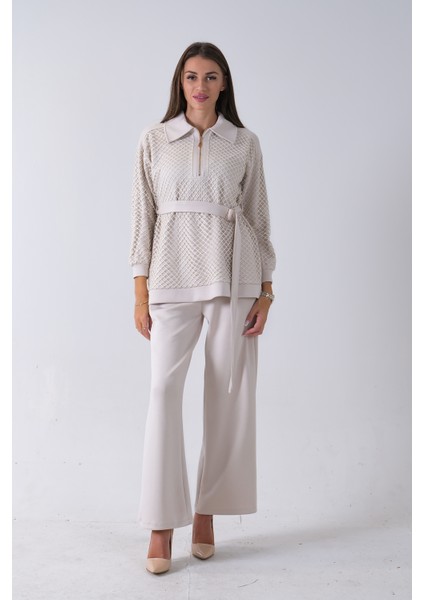 Taş Tunik Yaka Fermuar Kapamalı File Detaylı Pantolonlu Takım 4577283.50 modelleri