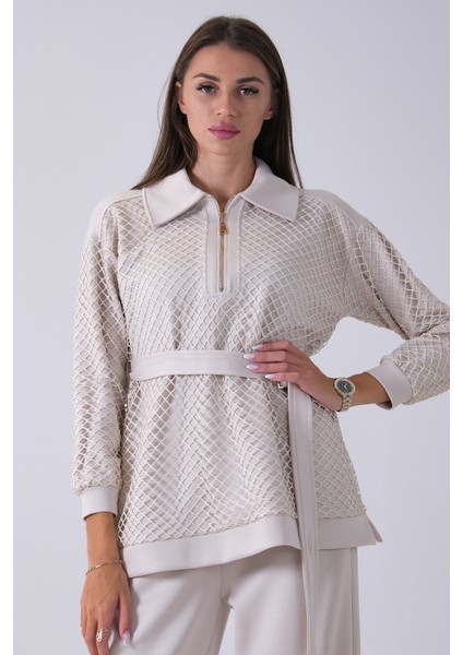 Taş Tunik Yaka Fermuar Kapamalı File Detaylı Pantolonlu Takım 4577283.50