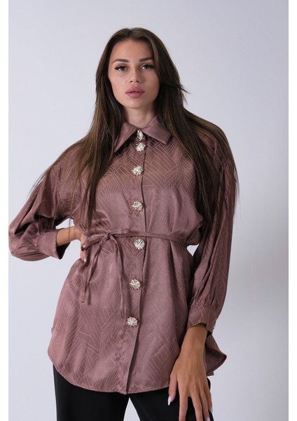 Kahve Gömlek Yaka Düğme Kapamalı Bel Bağlamalı Tunik 4595331.05