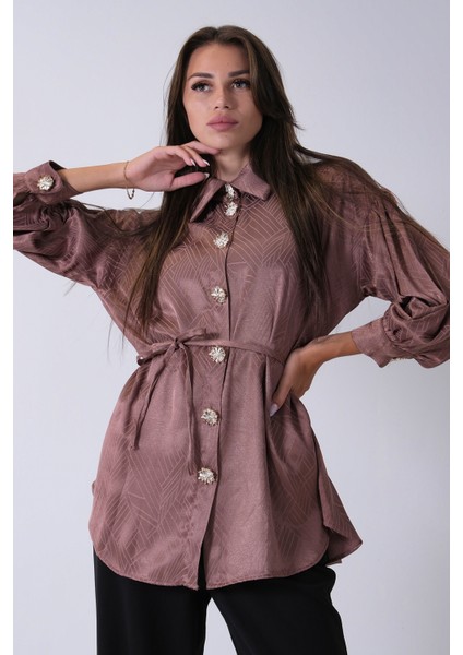 Kahve Gömlek Yaka Düğme Kapamalı Bel Bağlamalı Tunik 4595331.05 fırsatları