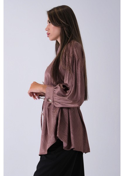 Kahve Gömlek Yaka Düğme Kapamalı Bel Bağlamalı Tunik 4595331.05 indirimleri