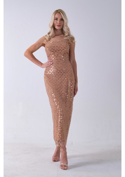 Gold Midi Boy Straplez Pul Payet Abiye 0801134.122 fiyatları