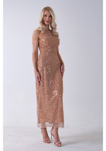 Gold Midi Boy Straplez Pul Payet Abiye 0801134.122 modelleri