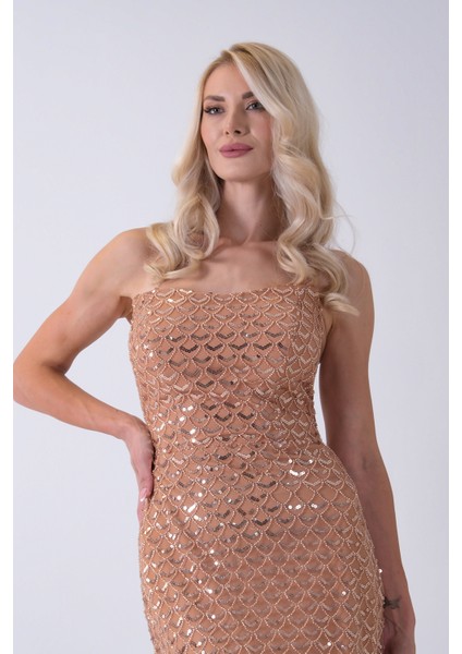 Gold Midi Boy Straplez Pul Payet Abiye 0801134.122