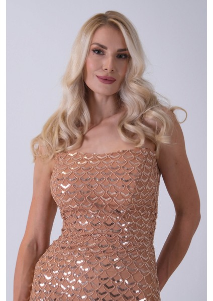 Gold Midi Boy Straplez Pul Payet Abiye 0801134.122