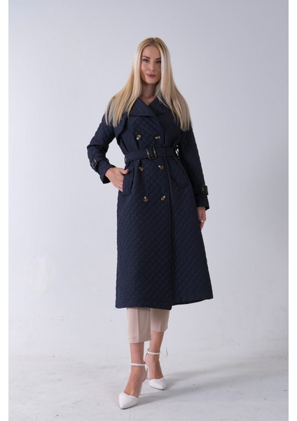 Lacivert Beli Kemerli Düğme Kapamalı Kapitone Desenli Trenç 44520205.02