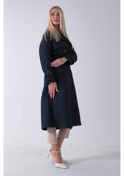 Lacivert Beli Kemerli Düğme Kapamalı Kapitone Desenli Trenç 44520205.02 fiyatları