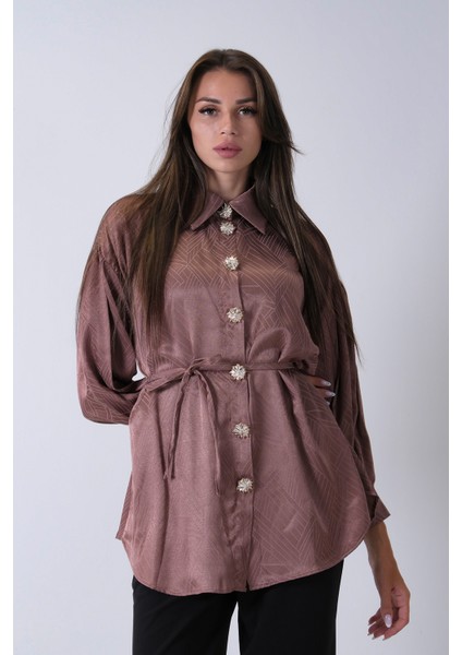 Kahve Gömlek Yaka Düğme Kapamalı Bel Bağlamalı Tunik 4595331.05