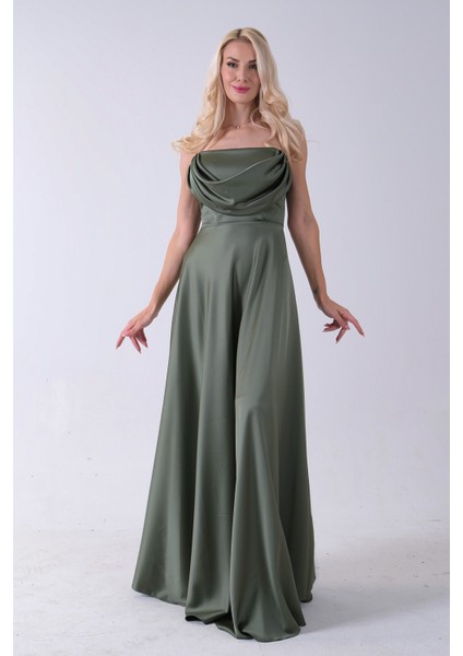 Haki Fermuar Kapamalı Straplez Uzun Abiye 0801005.23