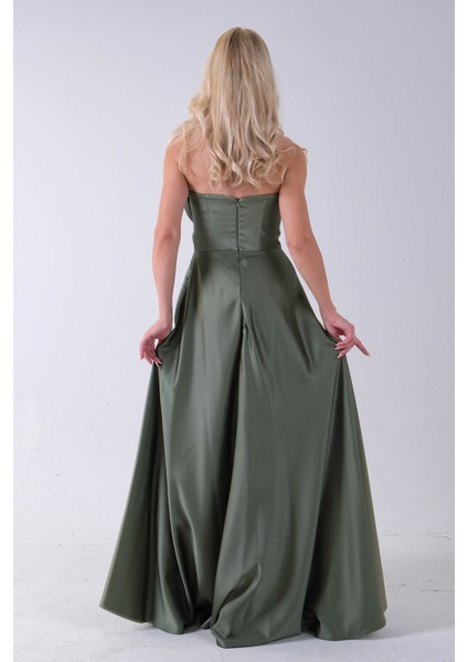 Haki Fermuar Kapamalı Straplez Uzun Abiye 0801005.23