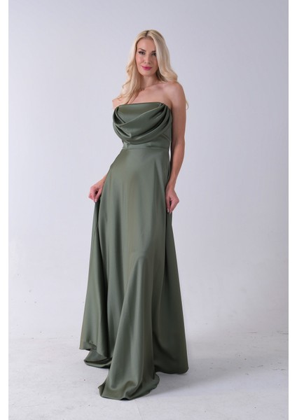 Haki Fermuar Kapamalı Straplez Uzun Abiye 0801005.23