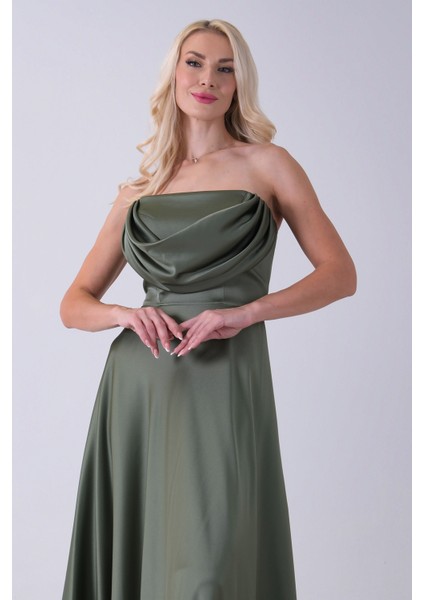 Haki Fermuar Kapamalı Straplez Uzun Abiye 0801005.23