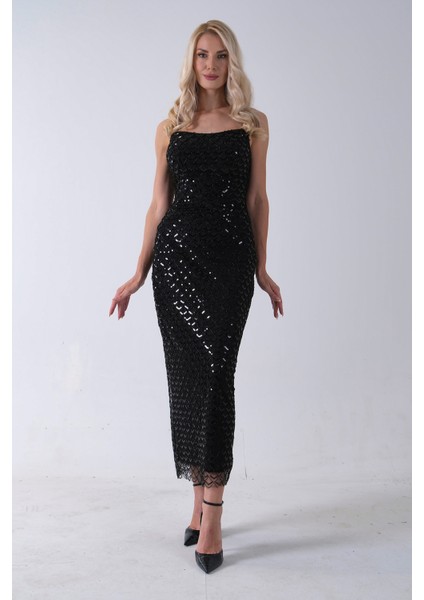 Siyah Midi Boy Straplez Pul Payet Abiye 0801134.01