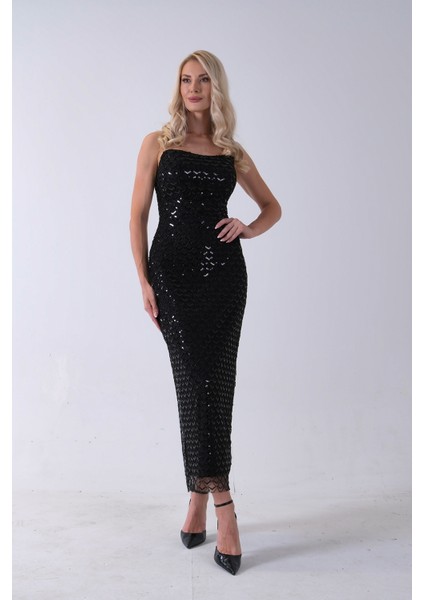Siyah Midi Boy Straplez Pul Payet Abiye 0801134.01 fiyatları