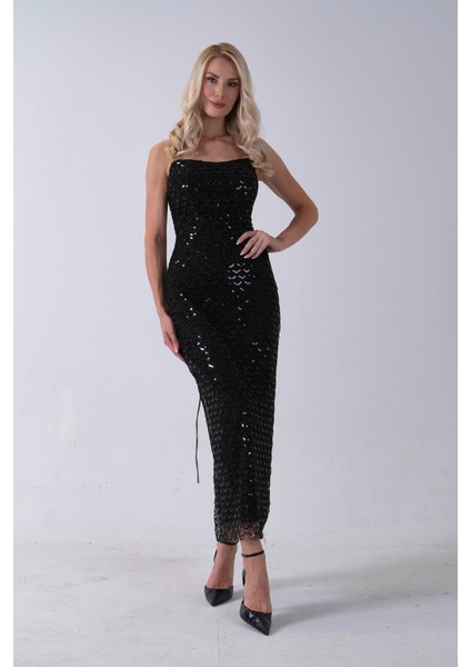 Siyah Midi Boy Straplez Pul Payet Abiye 0801134.01 modelleri