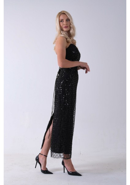 Siyah Midi Boy Straplez Pul Payet Abiye 0801134.01 fırsatları