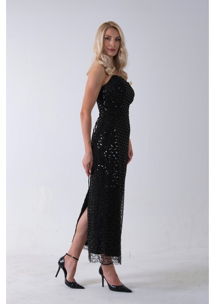 Siyah Midi Boy Straplez Pul Payet Abiye 0801134.01 indirimleri