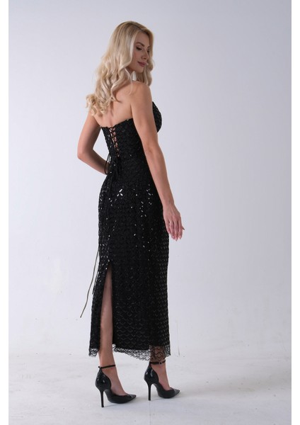 Siyah Midi Boy Straplez Pul Payet Abiye 0801134.01