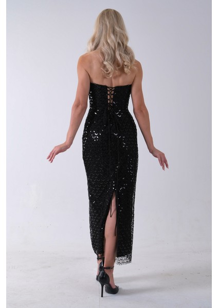 Siyah Midi Boy Straplez Pul Payet Abiye 0801134.01