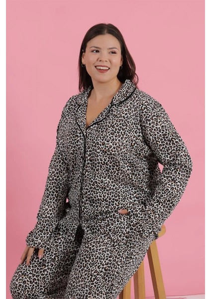 Kadın Büyük Beden Leopar Desenli Düğmeli Pijama Takımı fiyatları