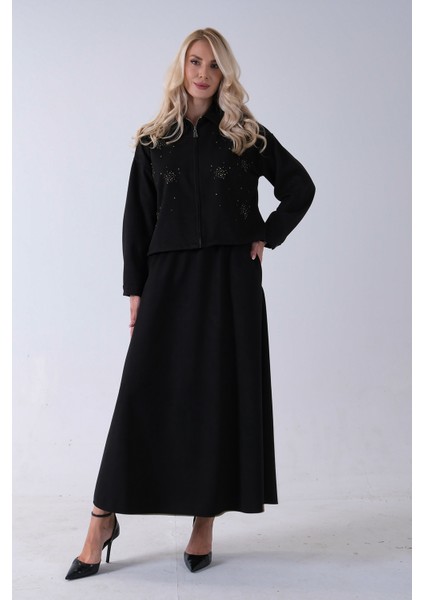 Siyah Ceket Fermuar Kapamalı Üzeri Taş Detaylı Etekli Kadife Takım 4577264.01 fiyatları