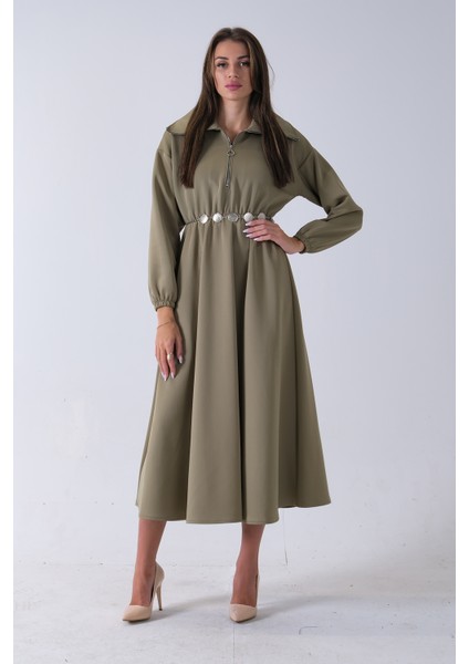 Haki Yaka Fermuar Detaylı Bel ve Bileği Lastikli Kemerli Scuba Elbise 4593455.23 fiyatları