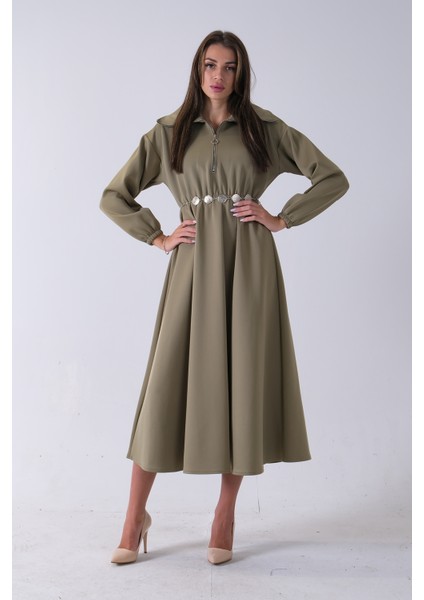 Haki Yaka Fermuar Detaylı Bel ve Bileği Lastikli Kemerli Scuba Elbise 4593455.23 modelleri