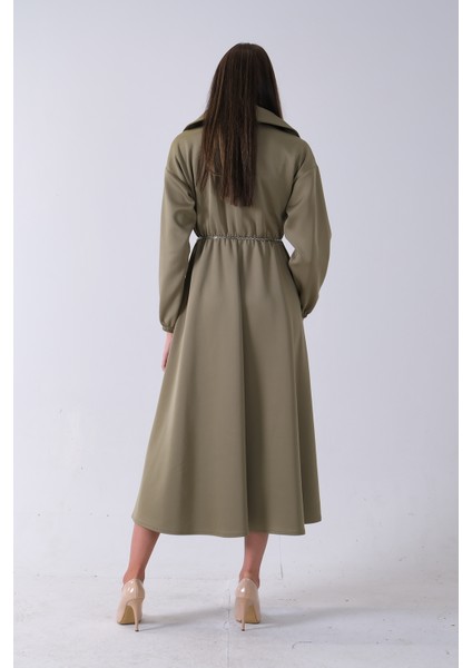 Haki Yaka Fermuar Detaylı Bel ve Bileği Lastikli Kemerli Scuba Elbise 4593455.23