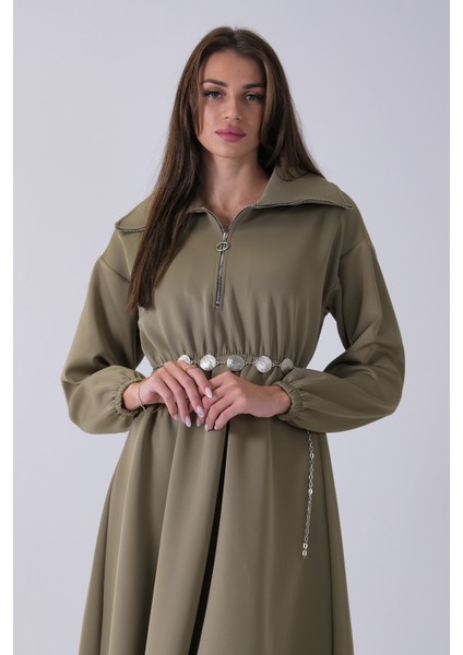 Haki Yaka Fermuar Detaylı Bel ve Bileği Lastikli Kemerli Scuba Elbise 4593455.23