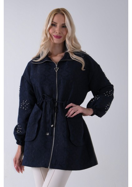 Lacivert Üzeri Taş Detaylı Yandan Cepli Trenç 940140177.02